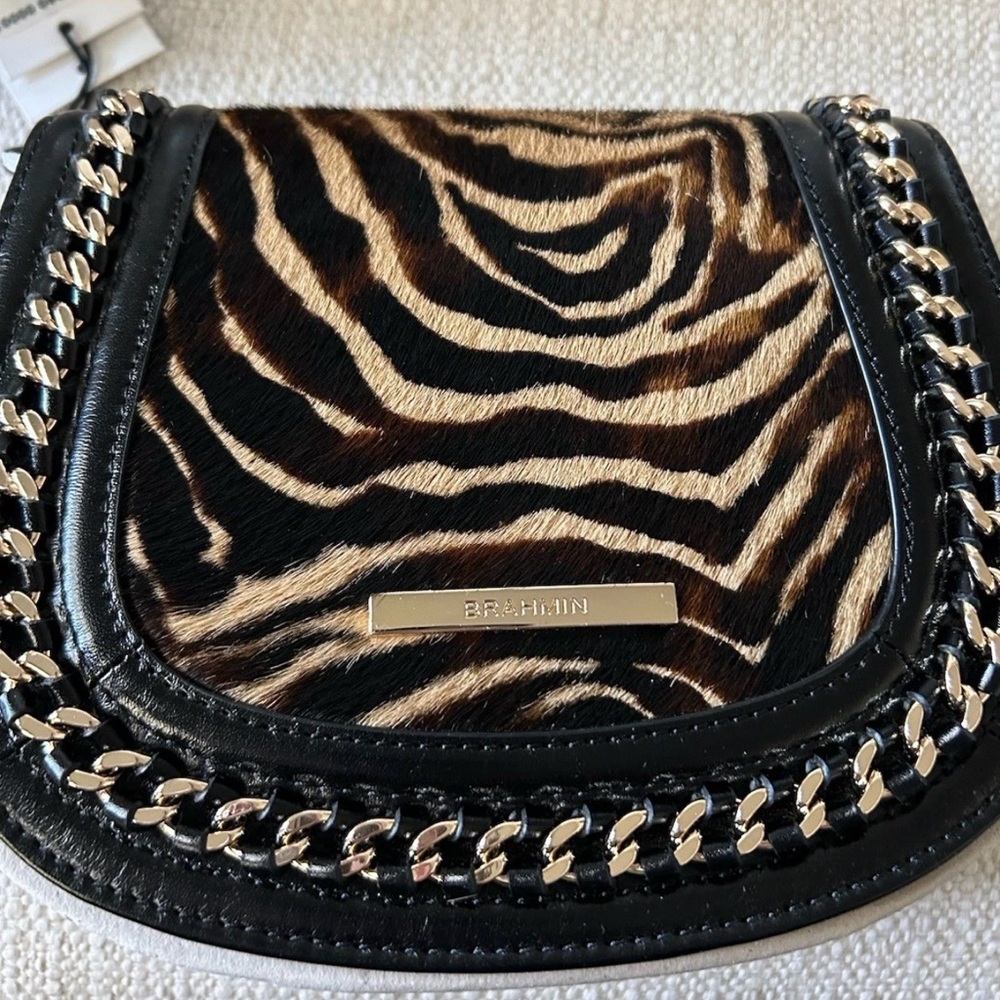 Brahmin Black and Brown Zebra Print Crossbody Bag with Gold Chain Detail